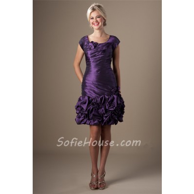 dress taffeta flirty ruched sheath prom cap sleeve purple short