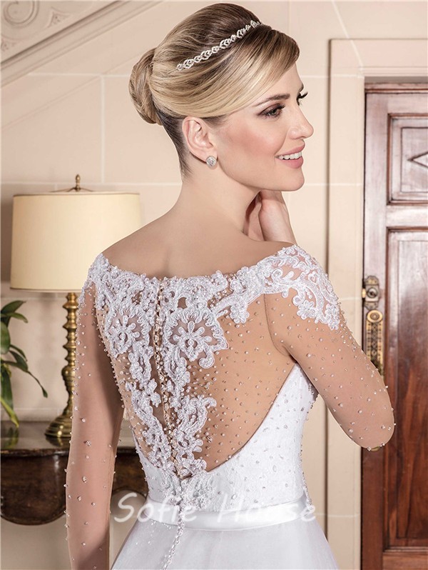 A Line Illusion Scoop Neckline Long Sheer Sleeve Lace Tulle Pearl Wedding Dress 3252