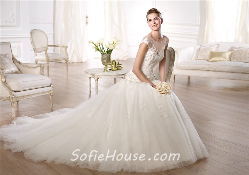 A Line Sheer Illusion Scoop Neckline Cap Sleeve Tulle Lace Wedding Dress 9177