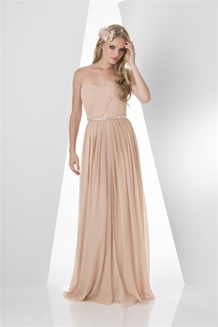 A Line Strapless Long Nude Chiffon Pleated Occasion Bridesmaid Dress