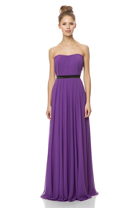 A Line Strapless Long Purple Chiffon Pleated Evening Bridesmaid Dress Black Belt 3459