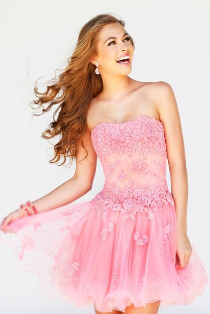 A Line Strapless Short Pink Tulle Lace Floral Sweet 16 Prom Dress 9884