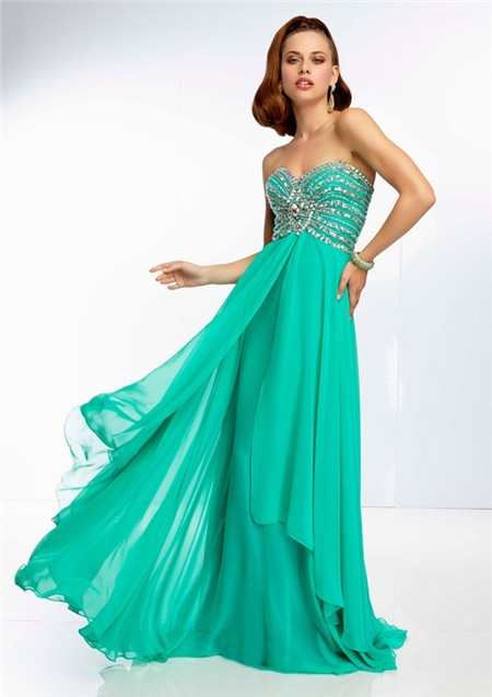 A Line Strapless Sweetheart Open Back Long Green Chiffon Beaded Prom Dress