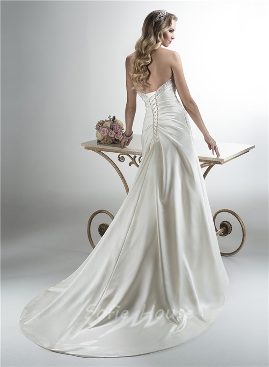 A Line Strapless Sweetheart Silk Satin Draped Wedding Dress Corset Back