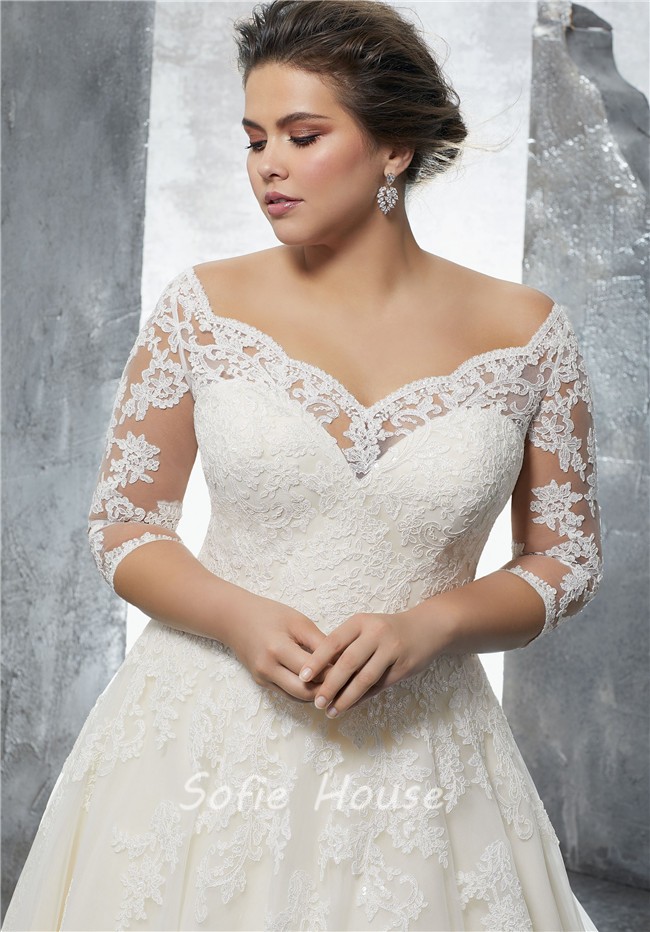 A Line Sweetheart Three Quarter Sleeve Tulle Lace Plus Size Wedding Dress