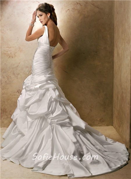 A Line V Neck Empire Waist Satin Ruched Wedding Dress Lace Up Back 2071