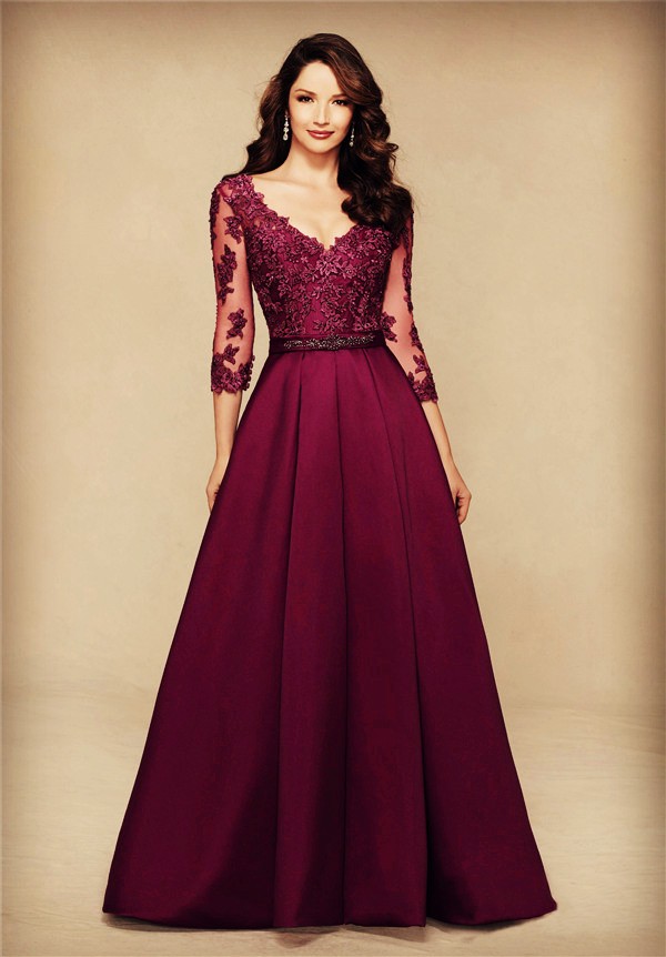 A Line V Neck Long Burgundy Satin Lace Sleeve Mother Of The Bride