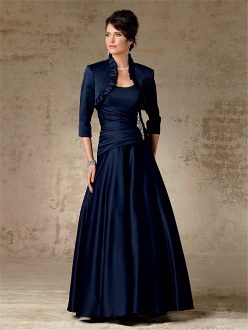 A Line Long Navy Blue Satin Mother Of The Bride Dress With Jacket 7434