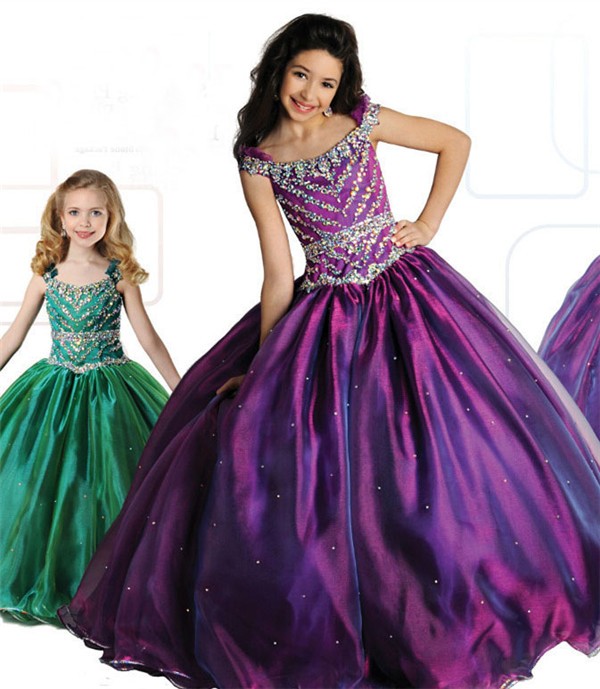 Ball Gown Bateau Neckline Purple Organza Beaded Girl Pageant Prom Dress