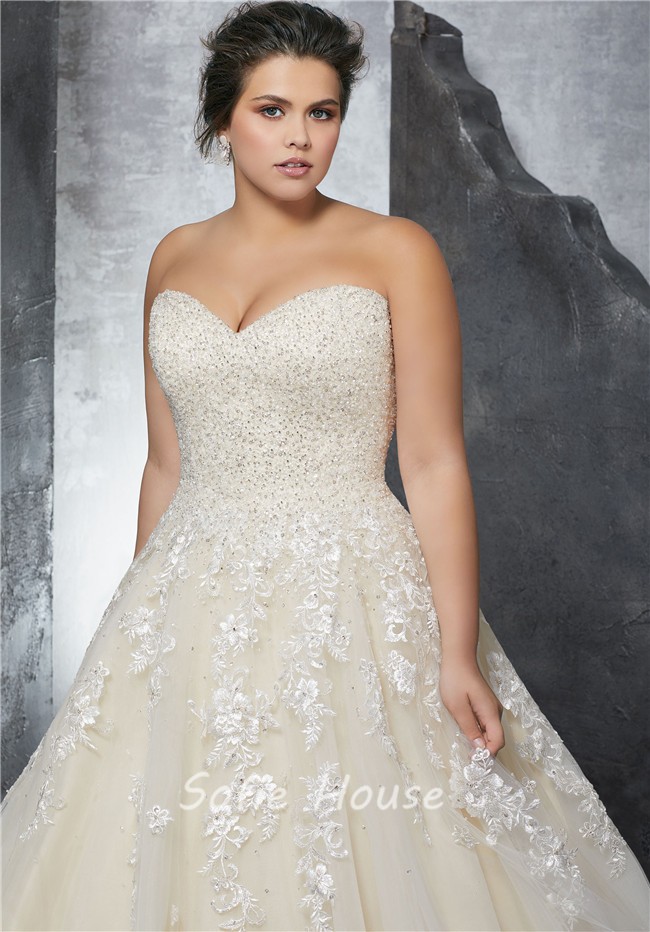 Ball Gown Sweetheart Ivory Satin Tulle Beaded Corset Plus Size Wedding Dress