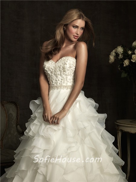 Ball Gown Sweetheart Layer Organza Ruffle Wedding Dress With Beading Crystal