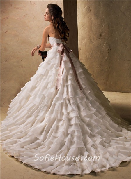 Ball Gown Sweetheart Layered Organza Ruffle Wedding Dress With Ribbon Sash 