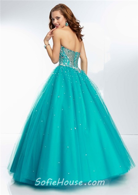 Ball Gown Sweetheart Sheer Illusion Back Long Aqua Tulle Beaded Prom Dress 7171