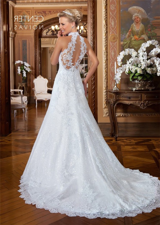 Elegant A Line Halter Open Back Lace Glitter Wedding Dress With Buttons