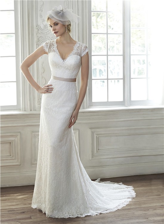 Elegant Mermaid V Neck Cap Sleeve Sheer Back Vintage Lace Wedding Dress With Sash