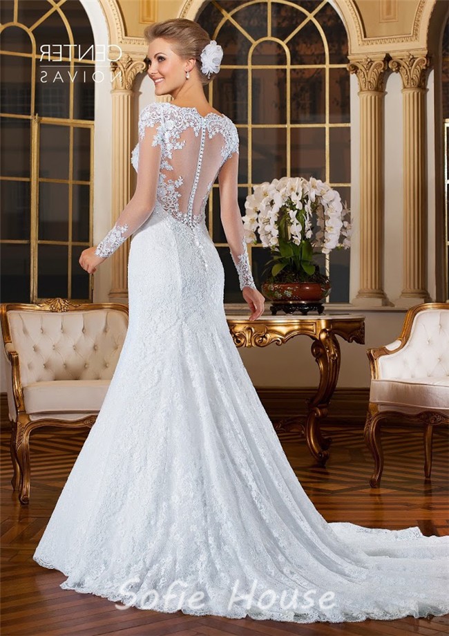 Fantastic Mermaid Scalloped Neck Sheer Long Sleeve Tulle Lace Wedding Dress 8785