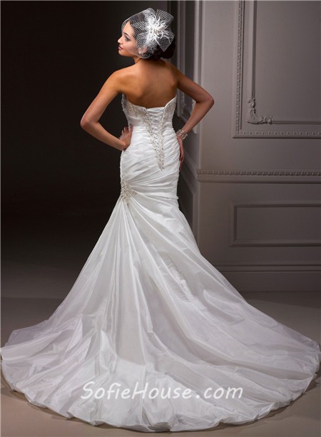 Fit And Flare Mermaid Sweetheart Beaded Crystal Taffeta Wedding Dress With Ruching 5064