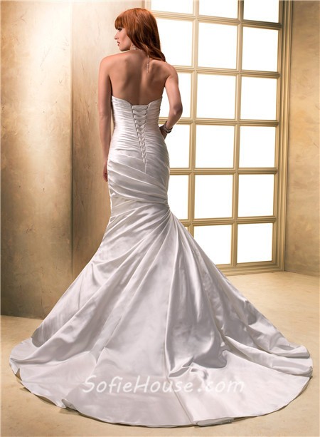 Fit And Flare Mermaid Sweetheart Ruched Satin Wedding Dress With Flowers 8188