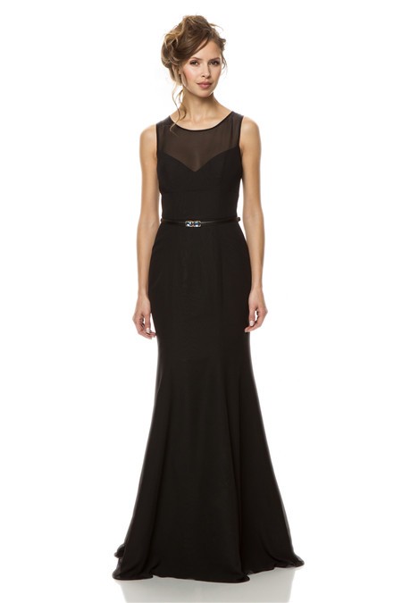 Fitted Mermaid Sheer Scoop Neckline Keyhole Back Long Black Chiffon Evening Bridesmaid Dress 2913