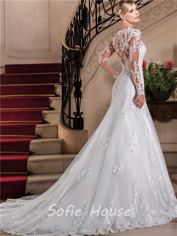 fitted-trumpet-v-neck-sheer-back-long-sleeve-tulle-lace-wedding-dress-with-buttons