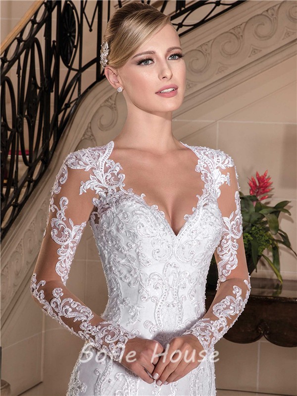 Fitted Trumpet V Neck Sheer Back Long Sleeve Tulle Lace Wedding Dress With Buttons