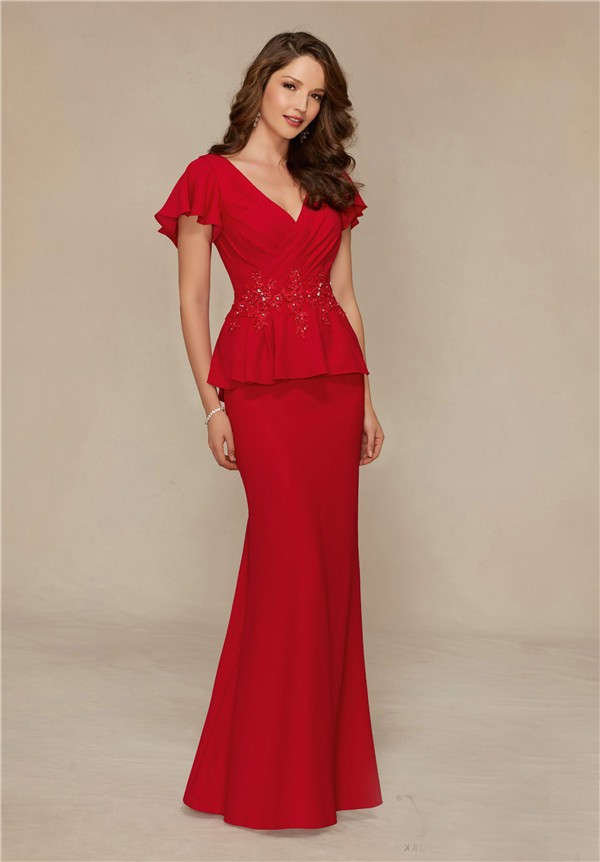 Fitted V Neck Flare Sleeve Red Chiffon Peplum Special Occasion Evening