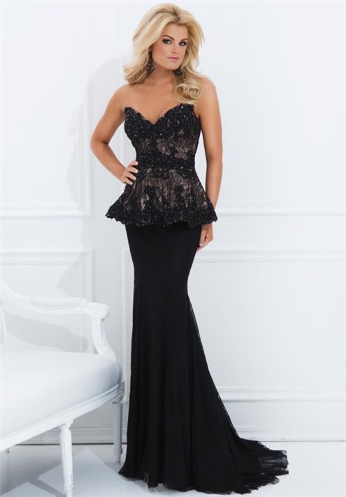 Formal Mermaid Sweetheart Neckline V Back Long Black Lace Peplum Evening Dress 