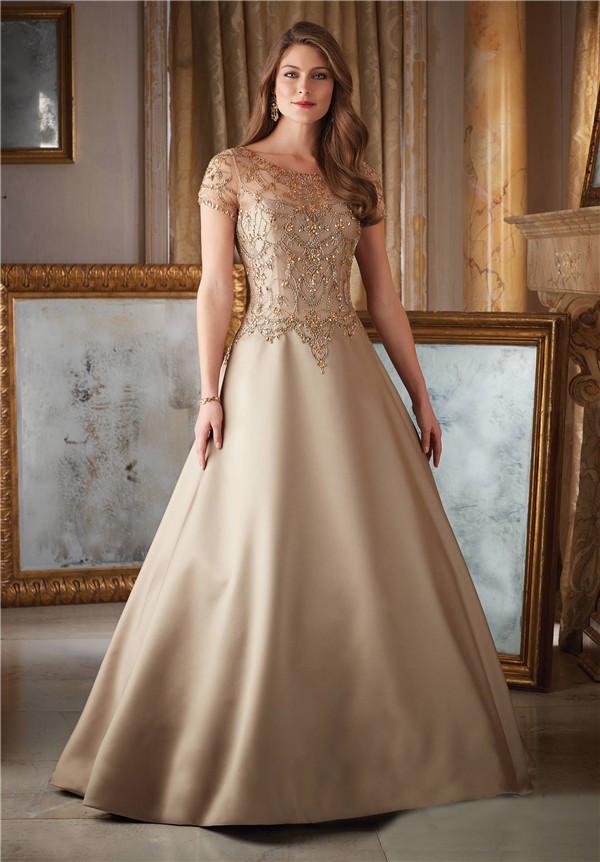 Gorgeous A Line Long Gold Satin Tulle Beaded Formal Occasion Evening Dress With Sleeves