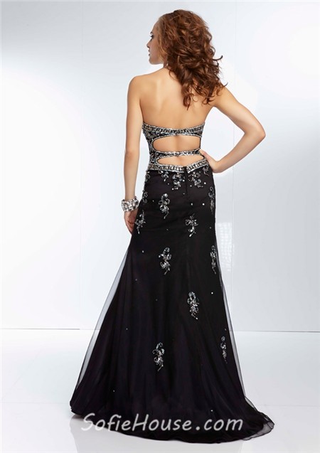 Gorgeous Sheath Sweetheart Neckline Open Back Long Black Chiffon Beaded Prom Dress 6726