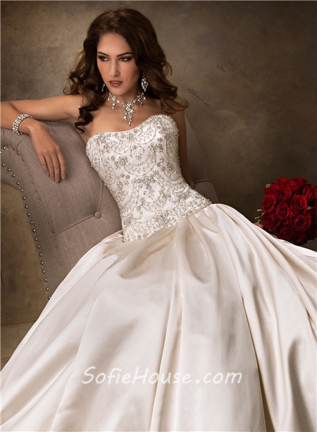 Luxury Ball Gown Strapless Champagne Satin Beaded Crystal Wedding Dress Corset Back