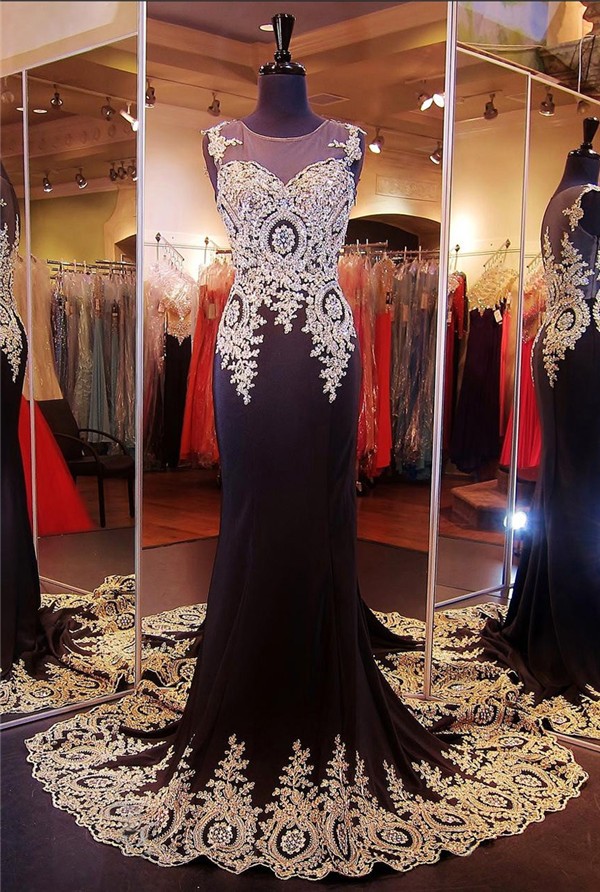 Mermaid Illusion Scoop Neck Black Chiffon Gold Lace Applique Prom Dress