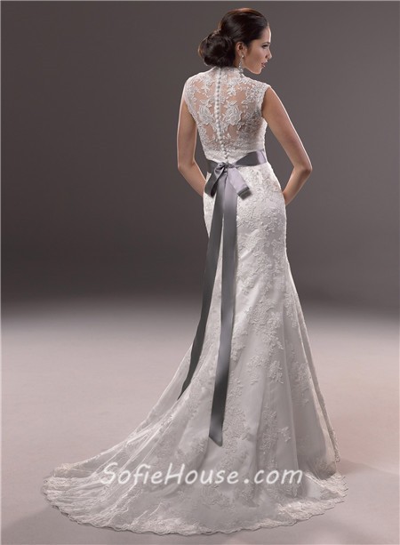 Mermaid Illusion V Neckline Sheer Back Lace Wedding Dress With Crystal Belt