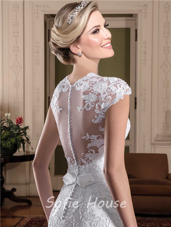 Mermaid Queen Anne Neckline Cap Sleeve Sheer Back Lace Wedding Dress