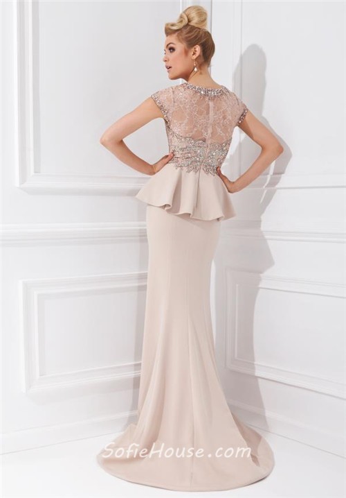 Mermaid Scoop Neck Cap Sleeve Champagne Chiffon Beaded Peplum Long Evening Dress 4876