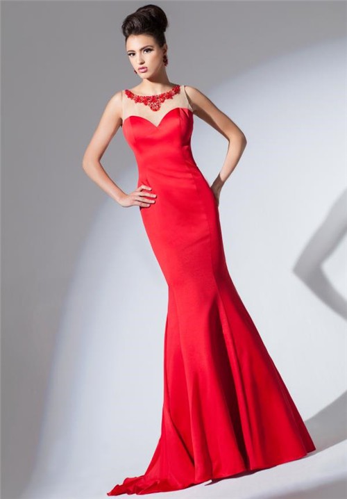 Mermaid Sheer Illusion Boat Neckline Red Satin Tulle Beaded Long Prom Dress