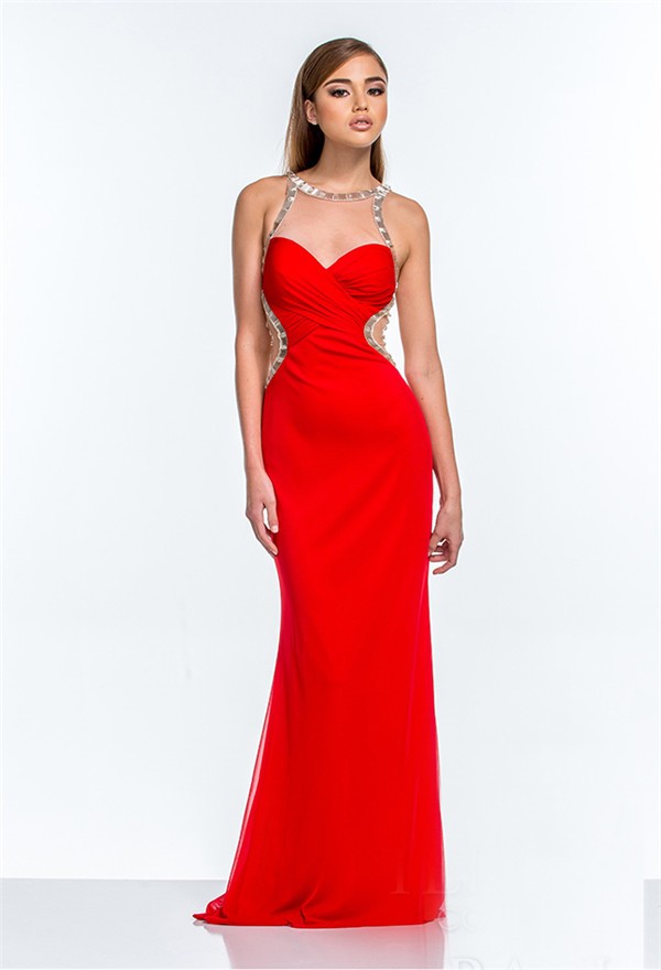 Mermaid Sheer Illusion Neckline Open Back Long Red Evening Prom Dress 2744