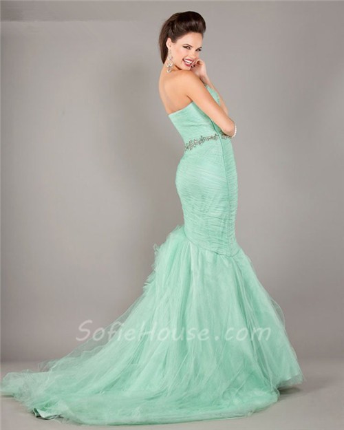 Mermaid Strapless Mint Green Tulle Ruched Prom Dress With Rhinestones