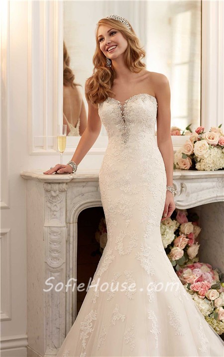 Mermaid Strapless Plunging Sweetheart Neckline Lace Crystal Wedding Dress 0378