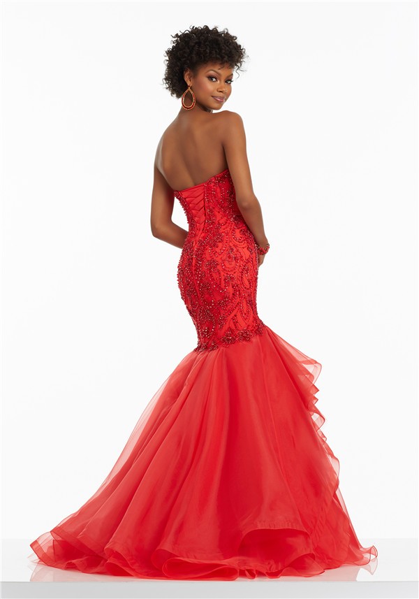 Mermaid Sweetheart Corset Back Red Organza Ruffle Beaded Prom Dress 8685