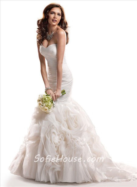 Mermaid Sweetheart Fit And Flare Tulle Rosette Wedding Dress With Ruching 9381