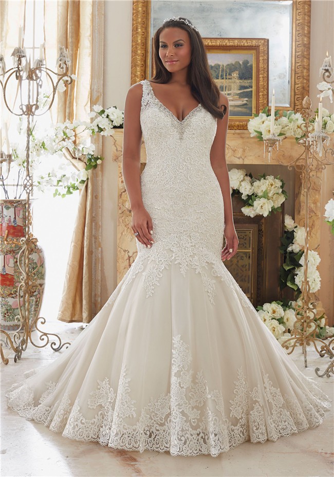 Mermaid V Neck Tulle Lace Crystal Beaded Plus Size Wedding Dress