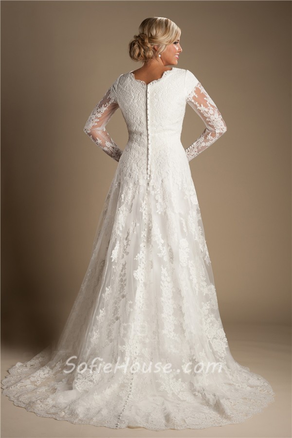Modest A Line V Neck Long Sleeve Ivory Lace Wedding Dress With Buttons