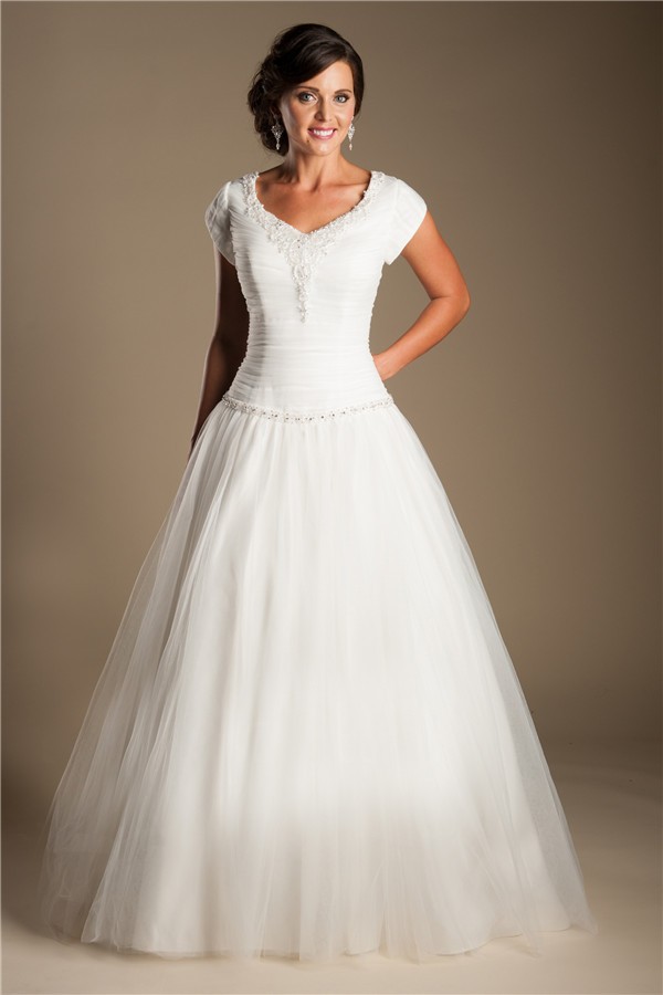 Modest Ball Gown Drop Waist Tulle Beaded Wedding Dress With Sleeves