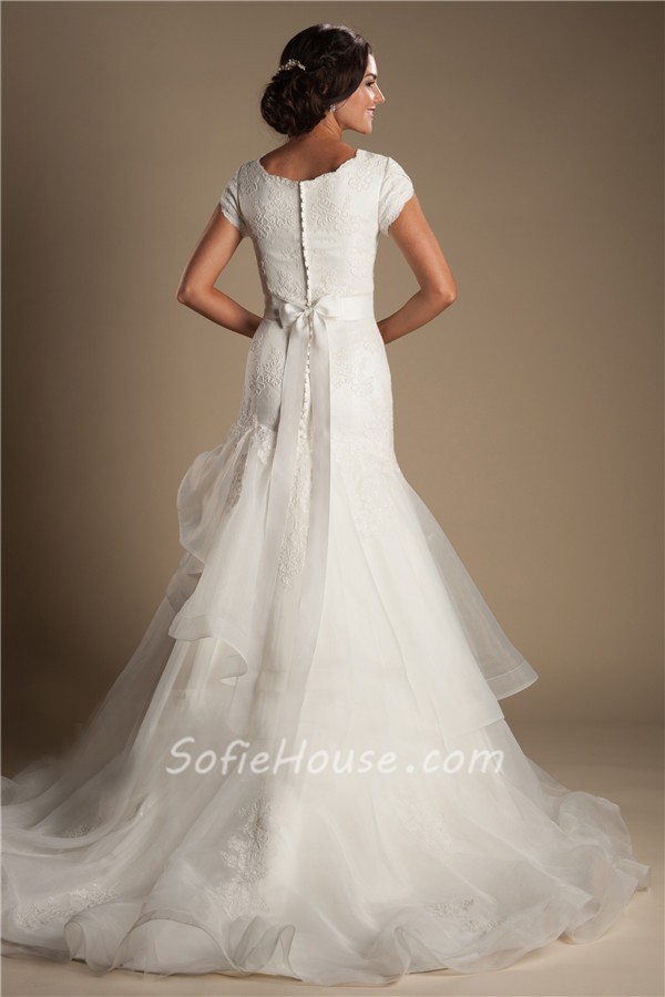 Modest Mermaid Scoop Neck Cap Sleeve Organza Ruffle Lace Wedding Dress With Sash 0734