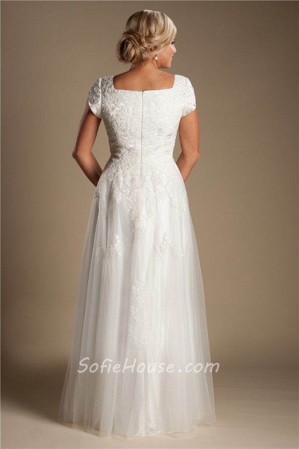 Modest Sheath Cap Sleeve Tulle Lace Wedding Dress Without Train 3067