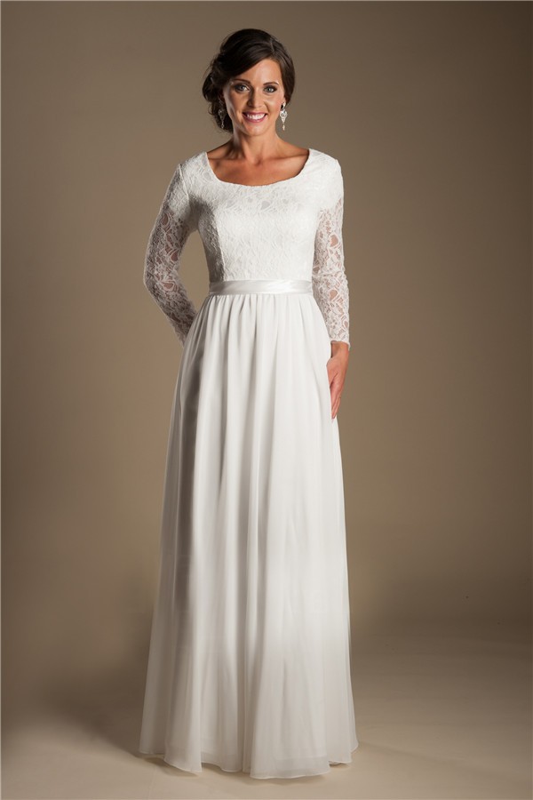 Modest Sheath Scoop Neck Long Lace Sleeve Chiffon Beach Garden Wedding Dress