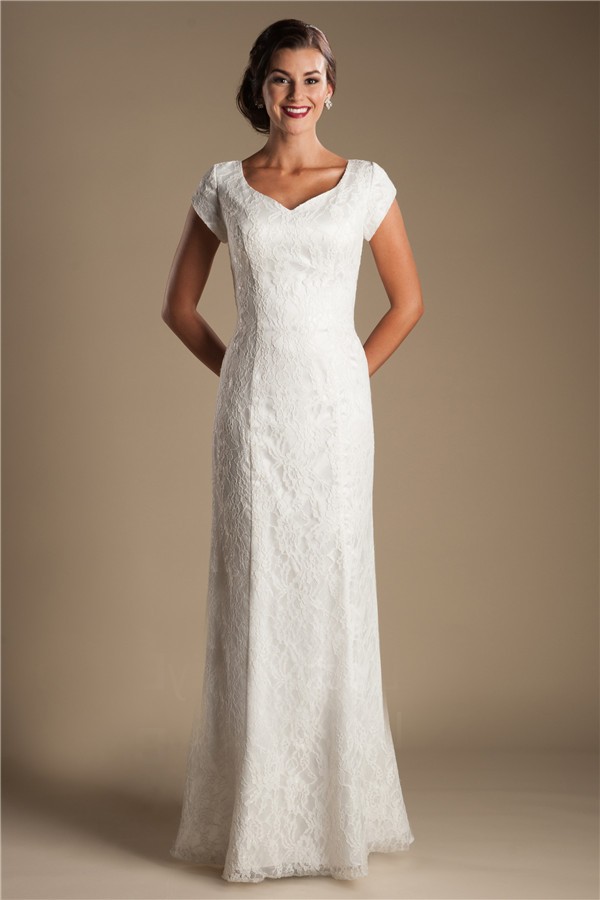 Modest Sheath Sweetheart Short Sleeve Lace Destination Wedding Dress Without Train