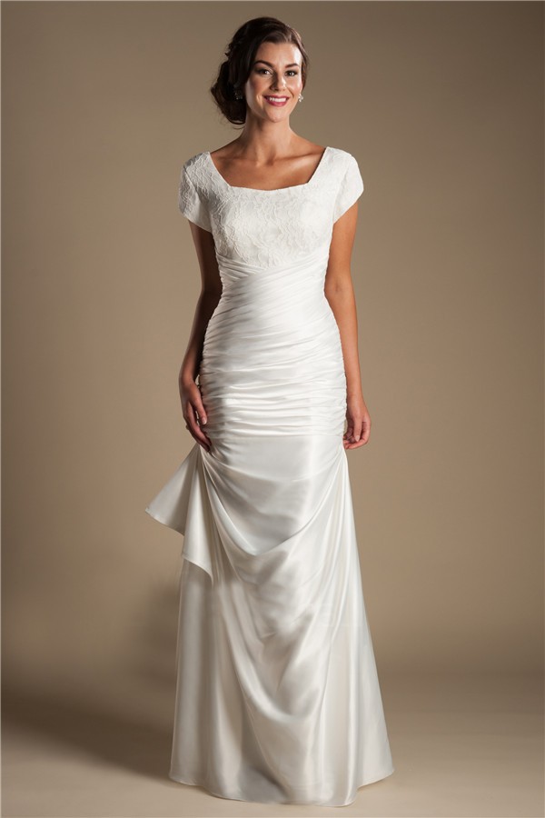 Modest Square Neck Cap Sleeve Silk Satin Ruched Wedding Dress