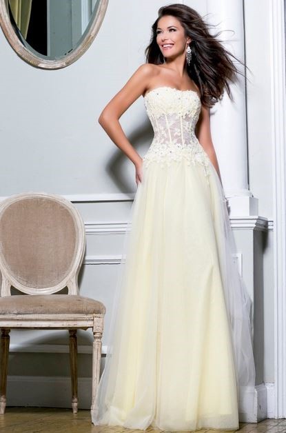 Princess A Line Strapless Long Ivory Tulle Lace Beaded Sheer Corset Prom Dress 2930