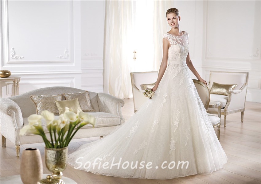 Romantic A Line Illusion Bateau Neckline Open Back Tulle Lace Wedding Dress 7910